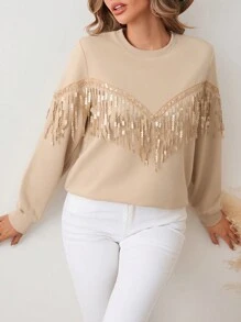 SHEIN VCAY Women's Round Neck Patchwork Fringe Casual Sweatshirt, Autumn Winter