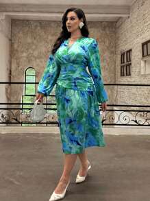 SHEIN Privé Vestido asimétrico con volantes y estampado floral para mujer de talla grande, elegante y romántico estilo francés para el otoño - Multicolor - Ver 3