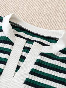 SHEIN LUNE Plus Size V-Neck Short Sleeve Striped Simple T-Shirt, Casual Daily Wear - Green - View 5