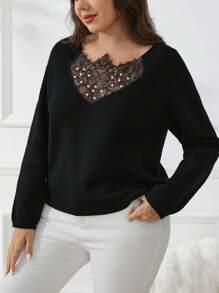 SHEIN Frenchy Minimalistische Spitze Patchwork Große Größen Damen Pullover, Winterkleidung