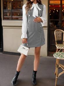 SHEIN Pregnant Women Spring And Autumn Leisure Houndstooth Stitching Lotus Leaf Sleeve Neckline Tie Dress, For Maternity