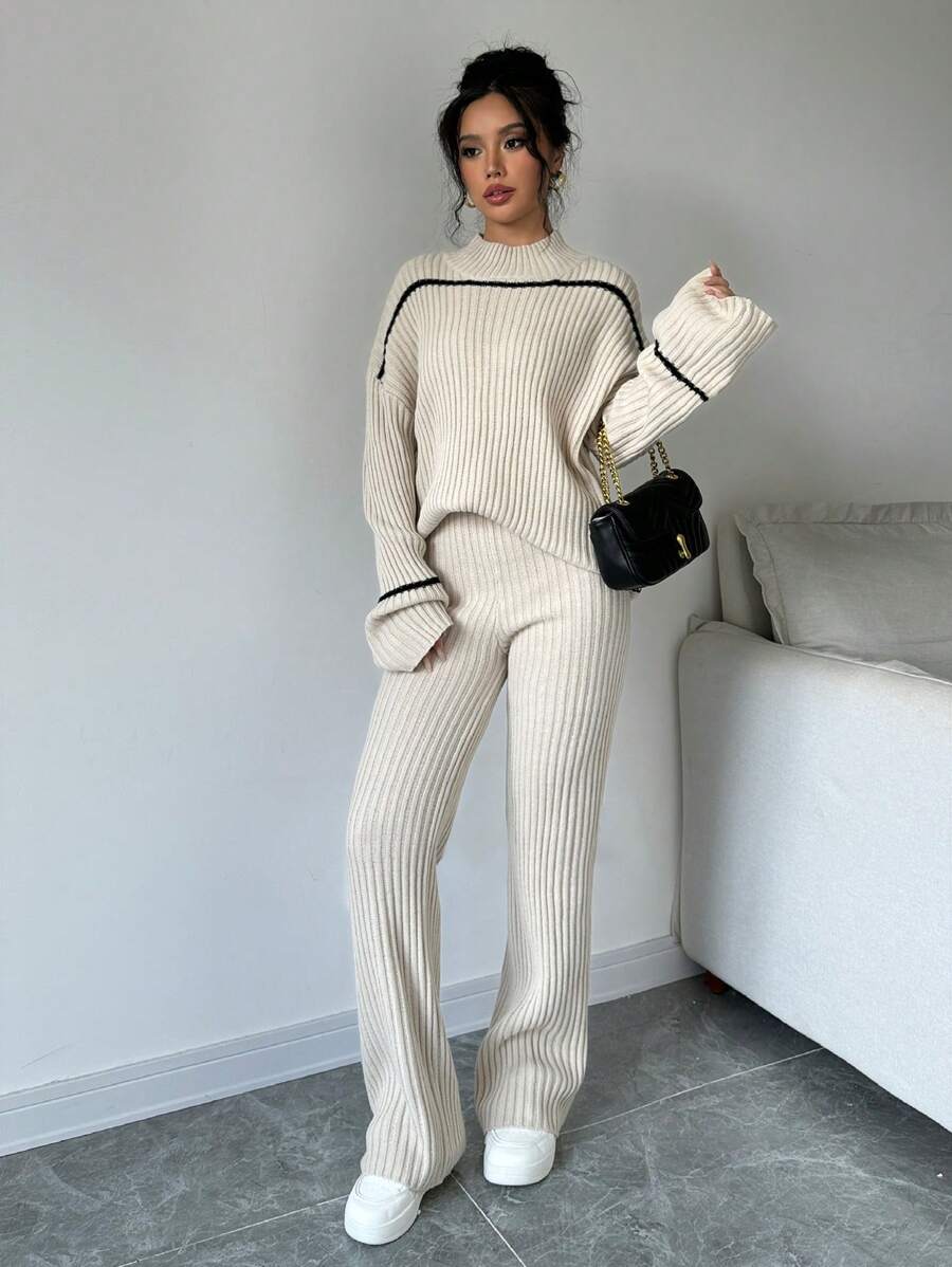Selianne 2pcs Women Contrast Striped Print Turtleneck Sweater And Solid Color Pants Set Fall Winter Cloth For Women - Apricot - View 1
