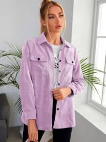 SHEIN Essnce 翻蓋口袋前紐扣襯衫不帶T恤 - 紫丁香色 - 查看 3