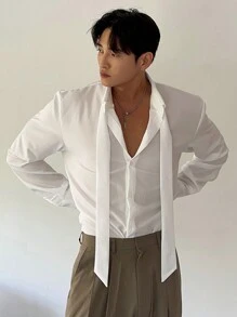 SHEIN X Scheana DAZY Men's Solid Color Long Sleeve Casual Commuter Shirt, Autumn, Fall Business Attire - White - View 8