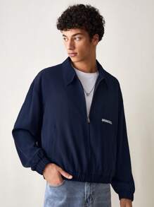 Mainfolk Men's Woven Casual Loose Fit Solid Color Long Sleeve Letter Zip Jacket, For Fall Winter, Outdoor, Spring - Blue - View 4