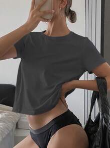 Livesso Solid Color Scoop Neck Fitted Short Sleeve Women T-Shirt Summer