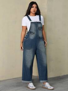 SHEIN EZwear 大码女式口袋宽松阔腿休闲牛仔背带裤 - 中等水洗藍 - 查看 4