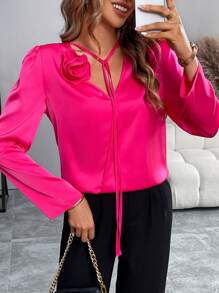 Calvaya Elegant V-Neck Long Sleeve Drawstring Blouse