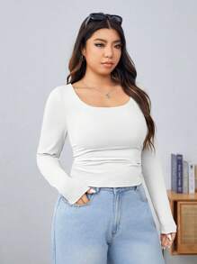 SHEIN EZwear Áo thun ôm dáng dài tay cổ vuông màu trơn cỡ lớn cho nữ, mùa xuân và mùa hè - trắng - Xem 6