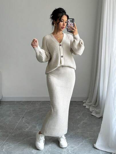 Selianne 2pcs Women's Solid Color Casual Long Sleeve Sweater And Skirt Set Fall Winter Cloth For Women