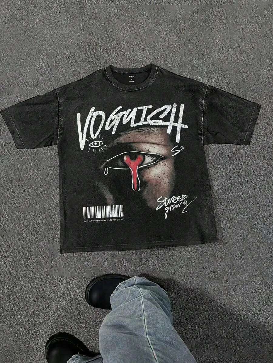 Manfinity ZONE917 男士超大街头风格复古做旧涂鸦红眼文字万圣节 + 亡灵节印花黑色宽松落肩雪花处理 T 恤。 - 黑色 - 查看 1