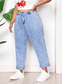 SHEIN CURVE+ Plus Size Casual Loose Denim Cropped Pants, Blue - Blue - View 6