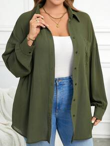 SHEIN LUNE Camisa casual de manga larga, holgada, de caída de hombros, de color verde oliva, talla grande, para primavera/verano - Verde militar - Ver 5