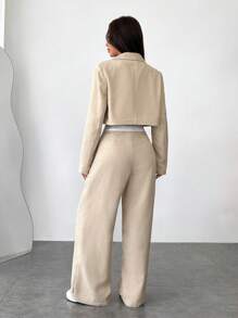 SHEIN EZwear Contrast Color Strapless Top + Long Sleeve Blazer + Stripe Printed Pocket Pants, Women Suit Set - Black and White - View 2