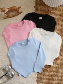 SHEIN Leap Crew 年轻女孩 4 件套圆领短款长袖基本款纯色针织 T 恤，非常适合秋冬季休闲日常穿着和学校日常穿着