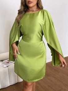 Flirla Vestido elegante de talla grande con cuello redondo y mangas tipo capa de unicolor