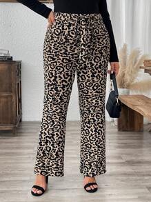 SHEIN LUNE Plus Size Fall Pants Leopard Print Flare Pants With Tie Bow Waistband Airport Women Outfits