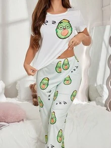Cute Avocado Print Sleepwear Set For Women - Multicolor - View 3