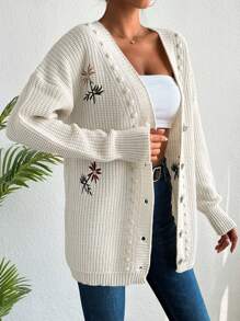 EURMUSE Floral Embroidery Pom Pom Detail Drop Shoulder Cardigan - Beige - View 5
