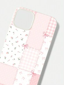 ROMWE Kawaii 1pc Checkered Floral Pattern Glossy Pink Phone Case, Compatible With IPhone 11 12 13 14 15 Pro Max ,Apple Case - White - View 2