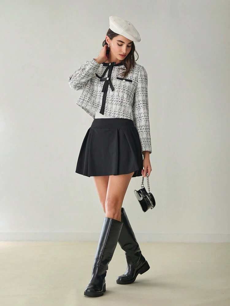 Autumn Women's Coat Women's Sweet And Cute Plaid Contrast Tweed Long-Sleeved Coat Bow Decoration Autumn And Winter