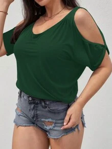 SHEIN LUNE Blusa de talla grande con mangas tipo murciélago y hombros descubiertos de color sólido - Verde Oscuro - Ver 3