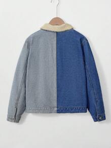 SHEIN Teen Boys Color Blocking Fluffy Collar Loose Denim Jacket