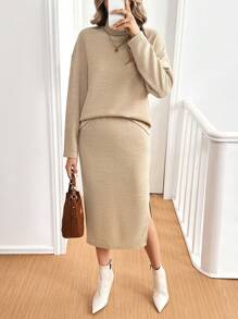 SHEIN LUNE 高领落肩长袖上衣和开衩下摆短裙两件套 - 杏色 - 查看 5