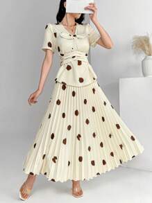 Modelyn 2pcs Women Summer Elegant Random Print Short Sleeve Top & Pleated Skirt Set