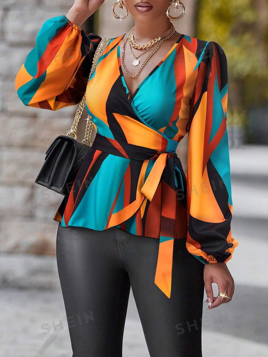 SHEIN Unity Blusa elegante con mangas farol y escote en V de bloques de color (estampado aleatorio), Top con peplum para primavera y verano