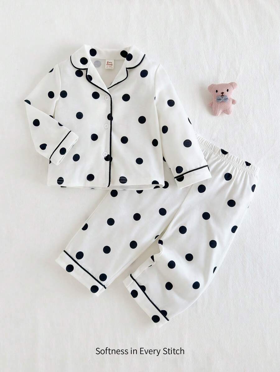 Cozy Pixies 2 件装女婴波尔卡圆点印花翻领开衫和长裤睡衣套装