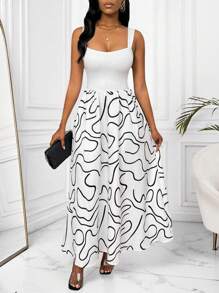 Zolique Vestido de verano elegante con estampado de color contrastante y patchwork sin mangas - Blanco y Negro - Ver 6