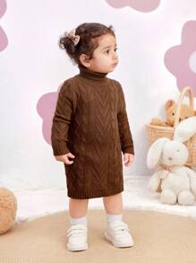 SHEIN Leap Crew Baby Girl Adorable Solid Color Cable Knit Turtleneck Sweater Dress For Fall/Winter - Multicolor - View 3