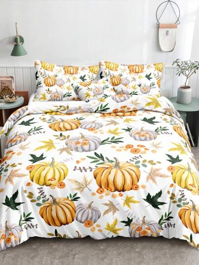 3pcs/Set Halloween Cute Ghost Pumpkin Digital Print Duvet Cover Set(1 Duvet Cover & 2 Pillowcase)Soft And Skin-Friendly Duvet Cover Bedding Set For Home, All Season Bed Sheets Set Halloween Gift