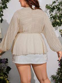 SHEIN Clasi Plus Size V-Neck Ruffle Trim Silver Blouse - Apricot - View 2