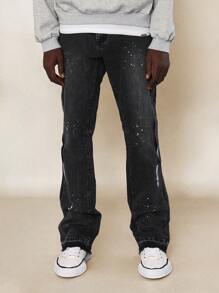 SUMWON Slim Fit Raw Edge Jean With Splatter Paint - Black - View 2