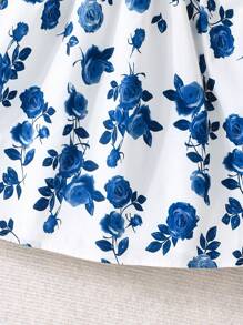 少女碎花针织泡泡袖短款上衣和波点印花拼接公主裙，蓝色，适合秋冬季