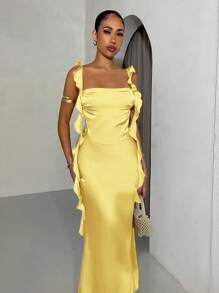 SHEIN BAE Vestido largo de mujer con tirantes finos, cuello con drapeado y espalda descubierta para vacaciones, vestido de graduación y boda