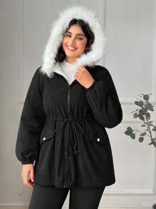 SHEIN EZwear Plus Size Women Black Thicken Fleece Cinched Waist Slim Fit Mid-Length Coat For Winter Thermal