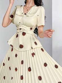Modelyn 2pcs Women Summer Elegant Random Print Short Sleeve Top & Pleated Skirt Set
