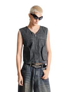 NEON BLANC Men's Street Casual Cotton Washed Hook & Loop Trim Sleeveless Tactical Vest Jacket, For Fall Winter - Dark Grey - View 4