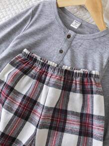 SHEIN 男童纯色上衣和格子裤睡衣套装