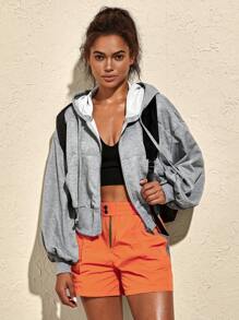VARSIVA Sudadera deportiva casual de mujer con ajuste holgado, unicolor, hombros caídos, manga larga, cordón ajustable y cremallera, sudadera corta gris con cremallera, sudadera corta para chicas - Gris - Ver 8
