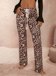 Opulessa Leopard Print Tie Front Flare Leg Pants For Vacation,Tall Women Pants,Fall Pants,VCAY - Brown - View 5