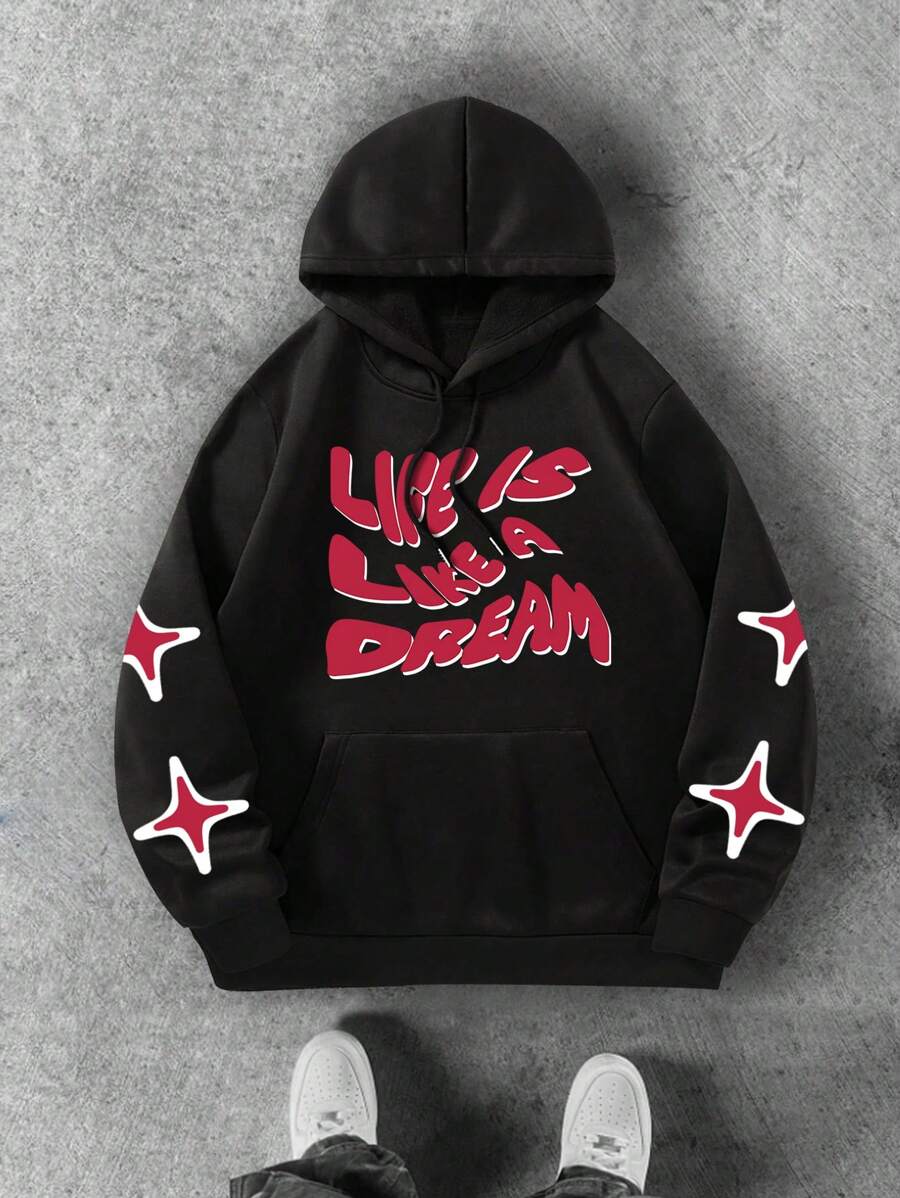 Manfinity Hypemode Áo hoodie rút dây in chữ cỡ lớn cho nam, mặc thường ngày - màu đen - Xem 1