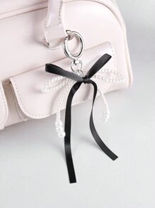 ROMWE Kawaii 2pcs/Set Gothic Style Black Lace Net + White Faux Pearl Bow Decor Keychain And Bag Charm Accessory Set, Fashionable Combo Fit For Sisters, Girlfriends And Friends, Ideal Gift Valentines