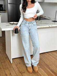 SHEIN Cottnline 100% Cotton HIGH RISE STRAIGHT CUT POCKET DETAIL  LIGHT BLUE JEAN - 657 - Light Wash - View 1