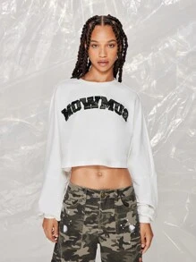 SUMWON WOMEN Camiseta corta de manga larga de estilo callejero con detalle de aplicación de camuflaje en la parte delantera