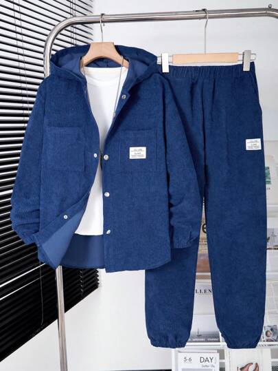 SHEIN 2 件装 Tween 男童春秋字母印花连帽夹克带口袋和裤子休闲套装