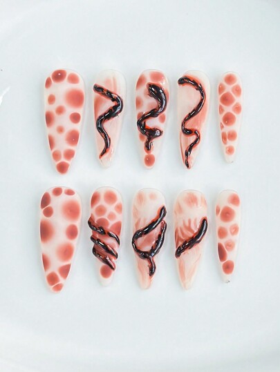 Grunge Punk 10pcs Fall Long Halloween Mini Snake Fake Nails + 3pcs Double-Sided Adhesive, Punk Style Detachable Hand-Painted Nail Stickers, Reusable For Parties, Dancing And Daily Wear